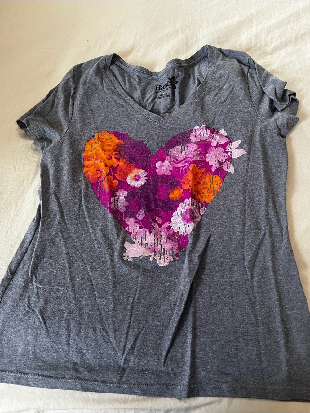 Hanes Gray V-Neck Tee with Pink & Orange Floral Heart